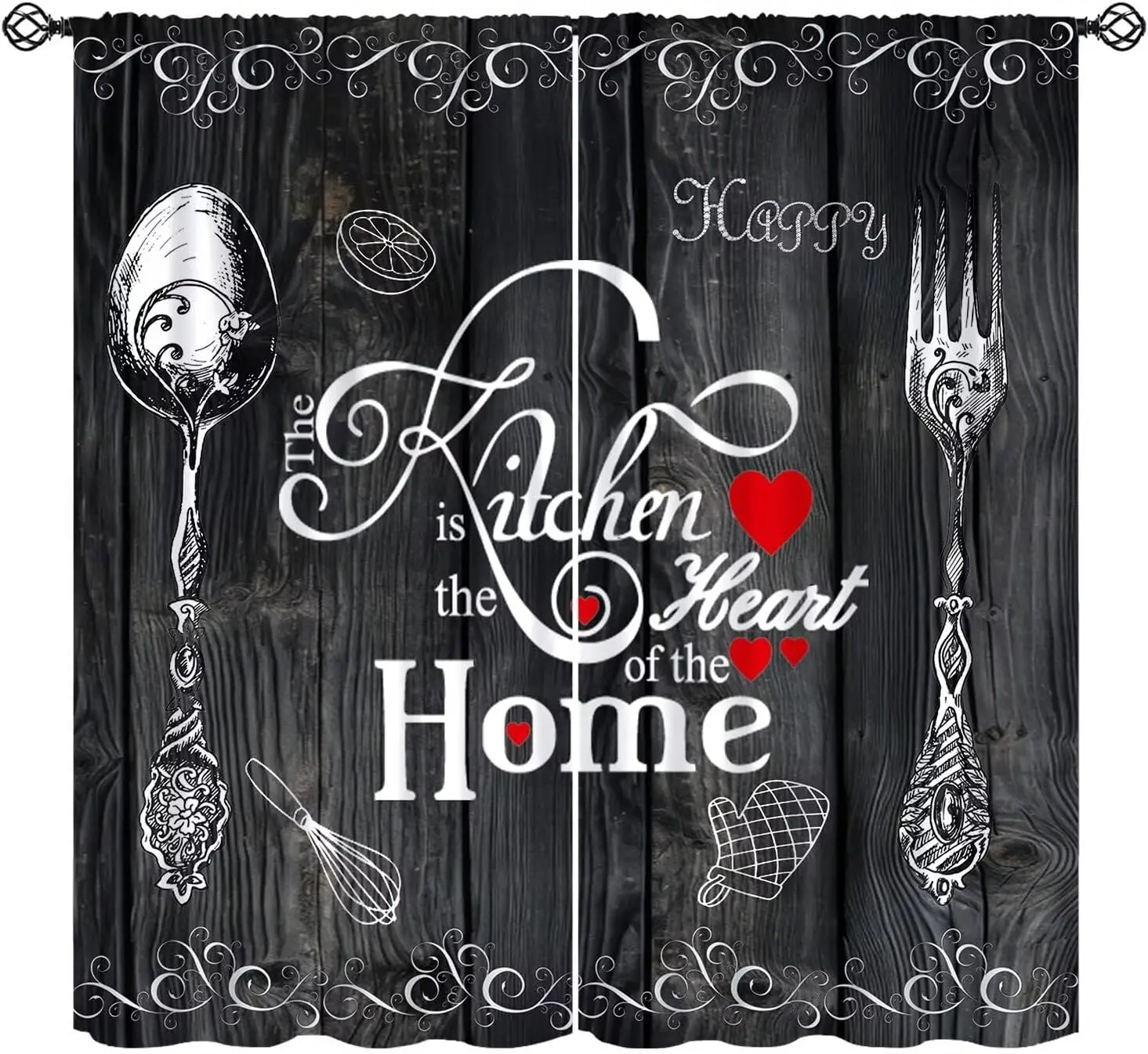 Black Vintage Kitchen Curtains, Rustic Farmhouse Fork Spoon Wood Grain Window Drapes for Cafe Barn Bedroom Living Room