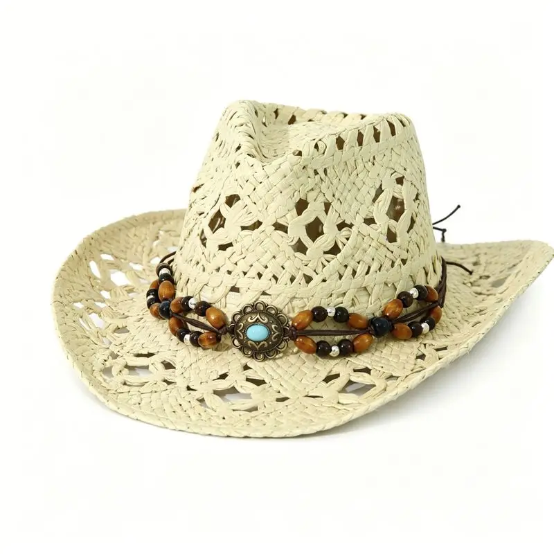 Beach sun , , spray-painted, hollowed-out design, jazz-style, Western cowboy , paper rope, handmade straw hat