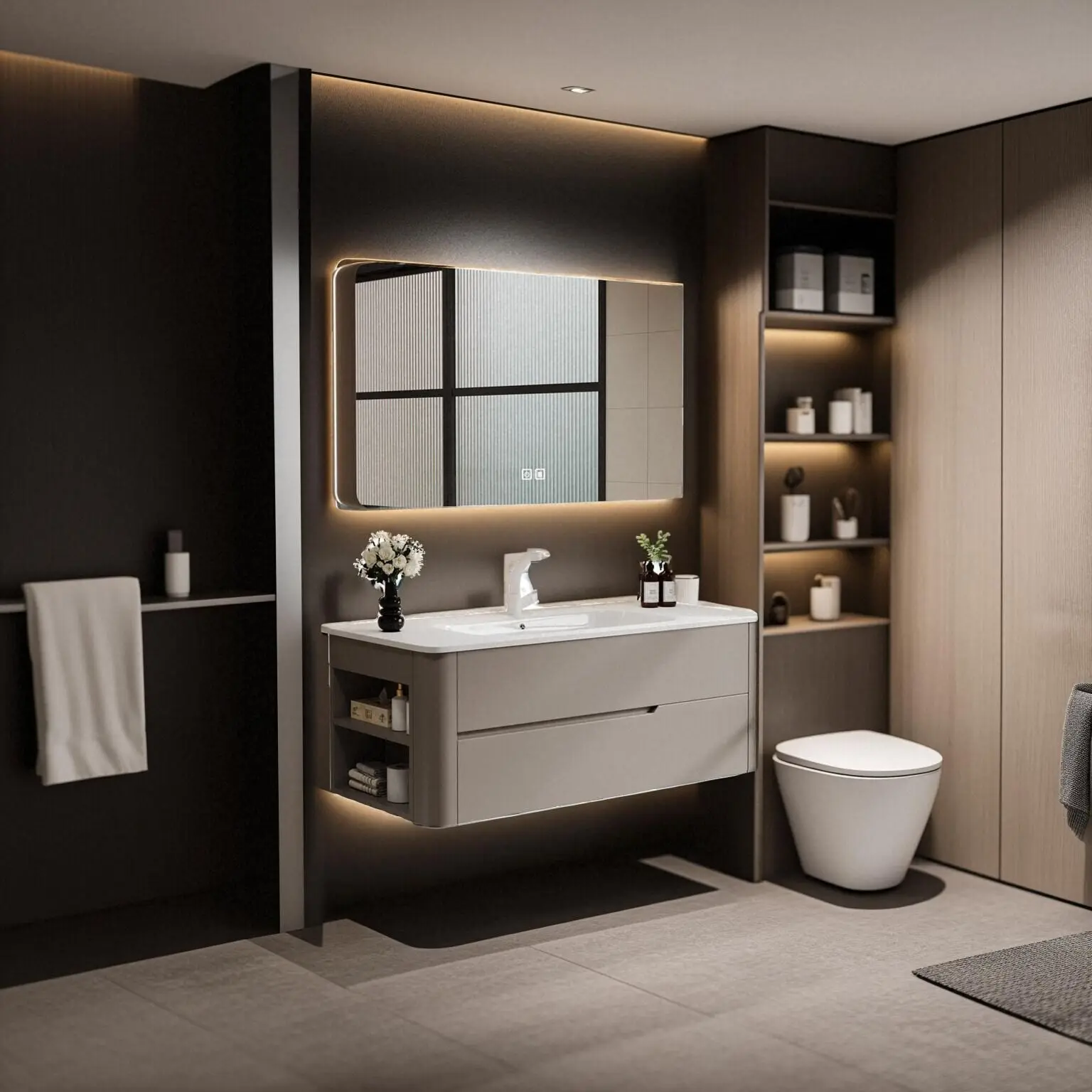 Mirror Cabinet Modern Simple Bathroom Cabinet Integrated Ceramic Basin Oak Arc Intelligent Side Open Storage Toilet Washbasin