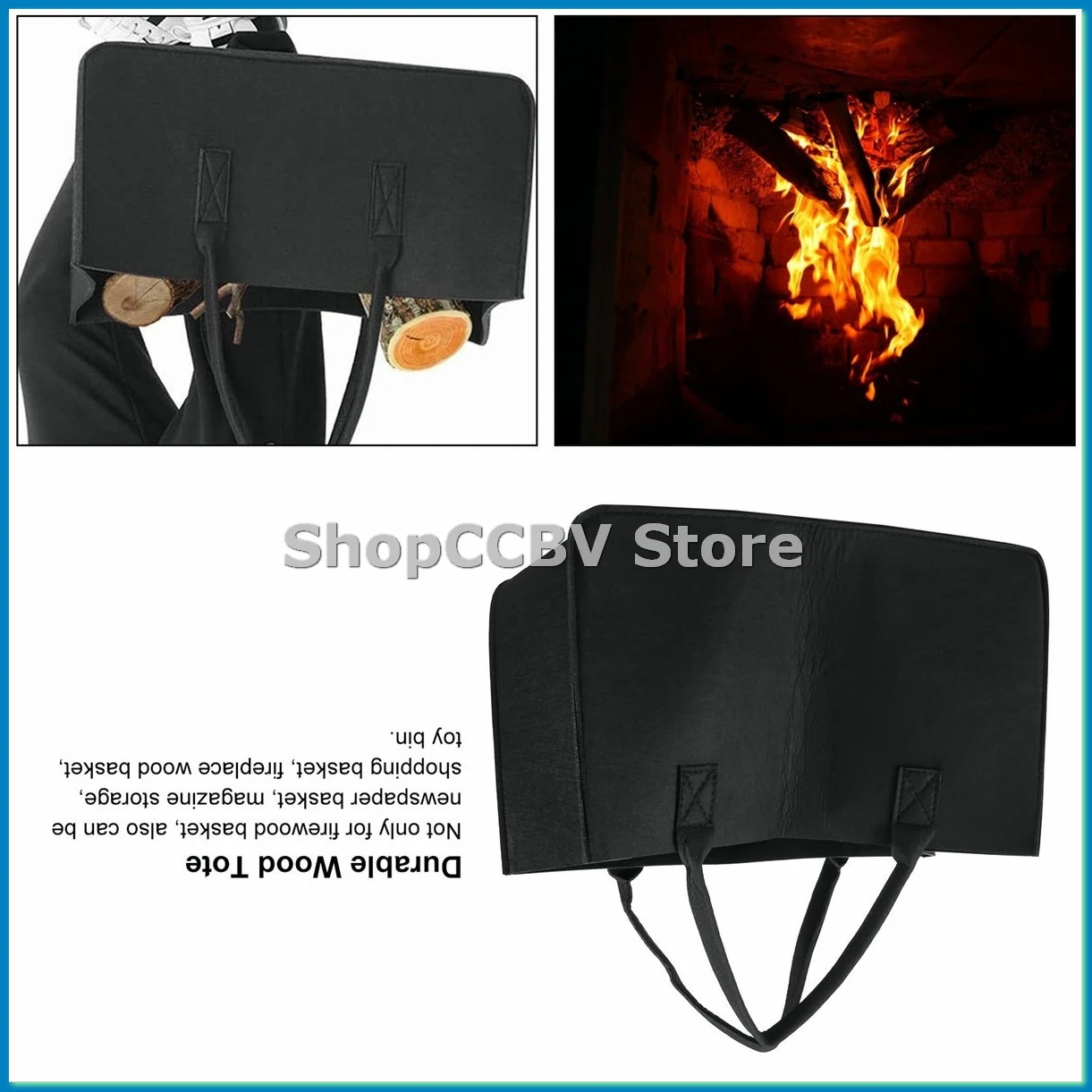 Fireplace Wood Felt Storage Bag Basket Magazine Rack Firewood Pocket,Felt Foldable Firewood Holder Basket Black-A50M