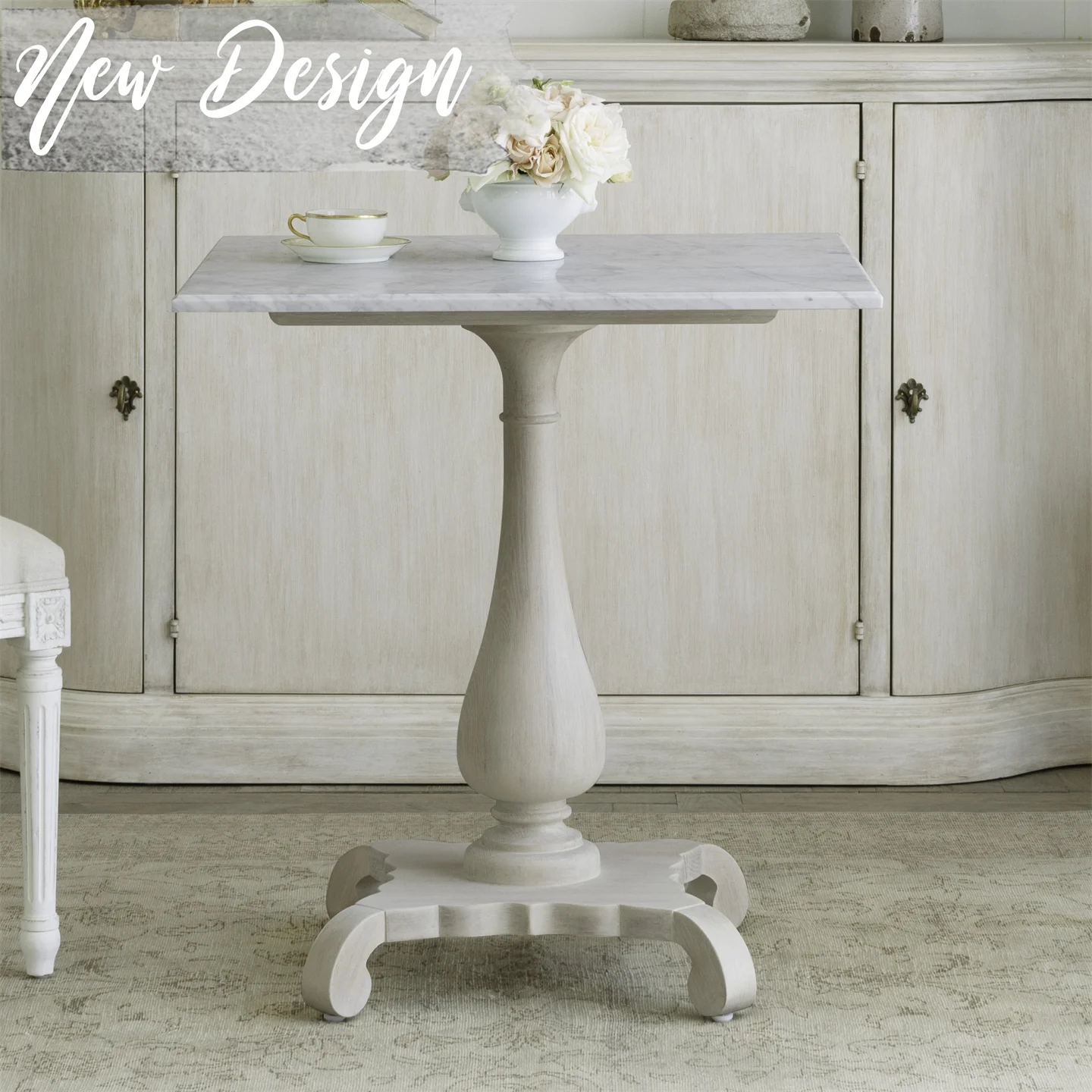 ^French Charming Side Table with Marble Top Neutral Wood and White Finish for Living Room Home Bar Negotiation Table