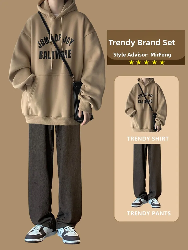 

Khaki Qingdao Jimo Men's Hoodie Casual Jaet American Sle Heavy Letter Print Autumn Wear Full Set Faionable Streetwear