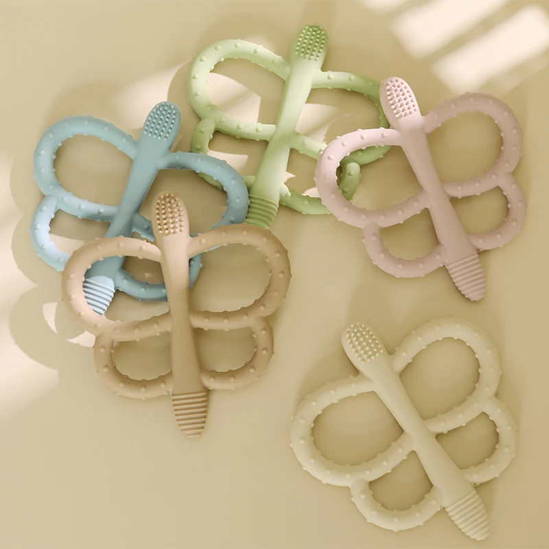 Giocattoli per la dentizione della farfalla del bambino BPA gratuito a forma di animale carino Massaggiagengive in silicone morbido Facile da impugnare Giocattolo da masticare infantile Accessori per neonati