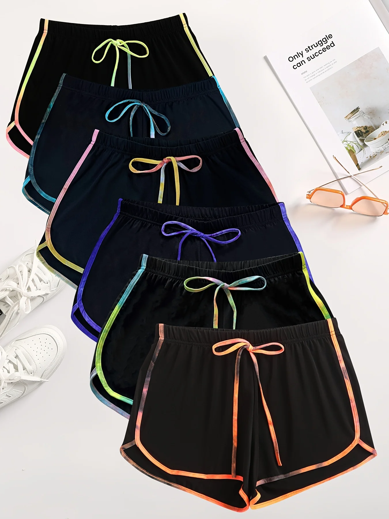 エレガントな方向性のある+6ピースセットのボウノットカジュアルファッションホームタイダイカラーブロックトリムサマーレディースショーツ