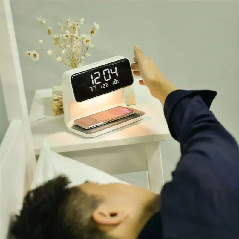 Creative 3 in 1 Bedside Lamp Wireless Charging LCD Screen Alarm Clock Wireless Phone Charger for Iphone Decoration