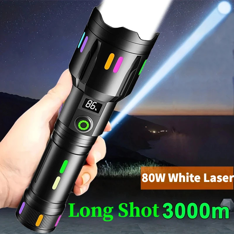 5000LM Long-Range White Laser Flashlight TYPE-C Rechargeable Camping Torch Zoomable Search Spotlight with Luminous Strips