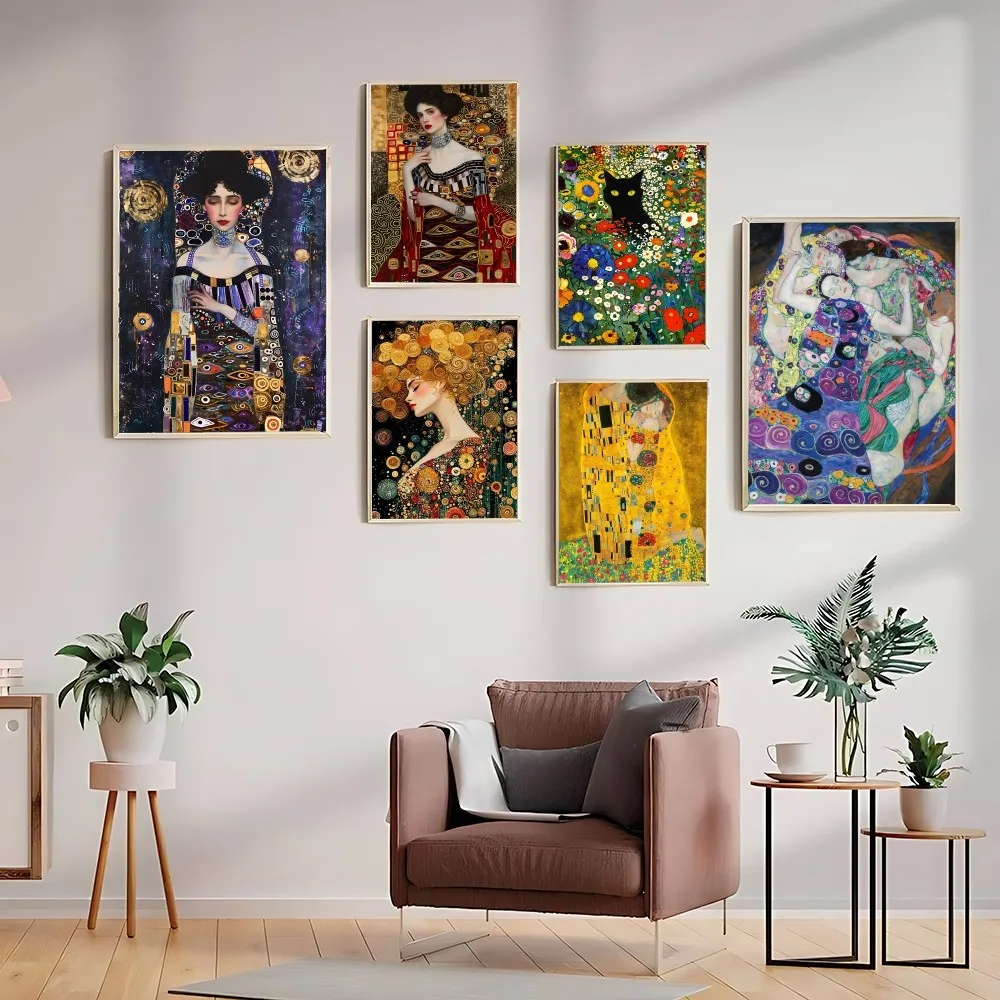 Gustav Klimt Kunstposter, klebrige Poster, wasserfester Papieraufkleber, Kaffeehaus, Bar, Heimdekoration