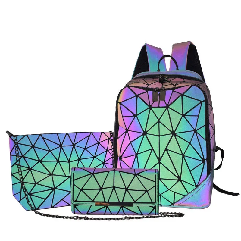 

New Luminous bag Women Backpack 3 Pcs Set Laptop Backpacks Student School Bags Holographic Purse Geometric Bagpack Bag Mochila