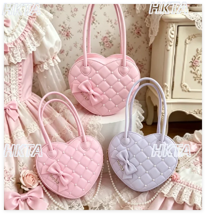 

Japanese Kawaii Sweet Fairy Pearl Love Bags Cute Lolita Bow Letter Large Capacity Zipper Pu Shoulder Satchel Backpacks Women