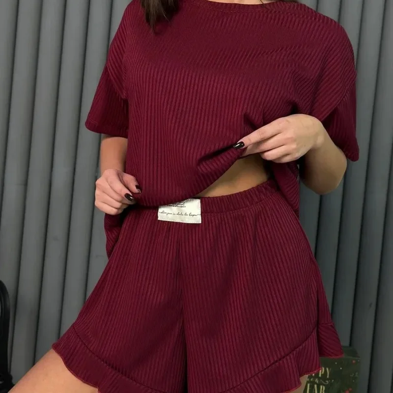 

2025 Women's New Spring and Summer Fashion Short Round Neck T-Shirt Top Shorts Two-Piece Pajamas Homewear Suit Summer Clothing