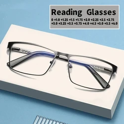 Men Business Vintage Large Frame Reading Glasses Square Metal Presbyopia Eyeglasses Anti-blue Light Computer Glasses 0 To +6.0