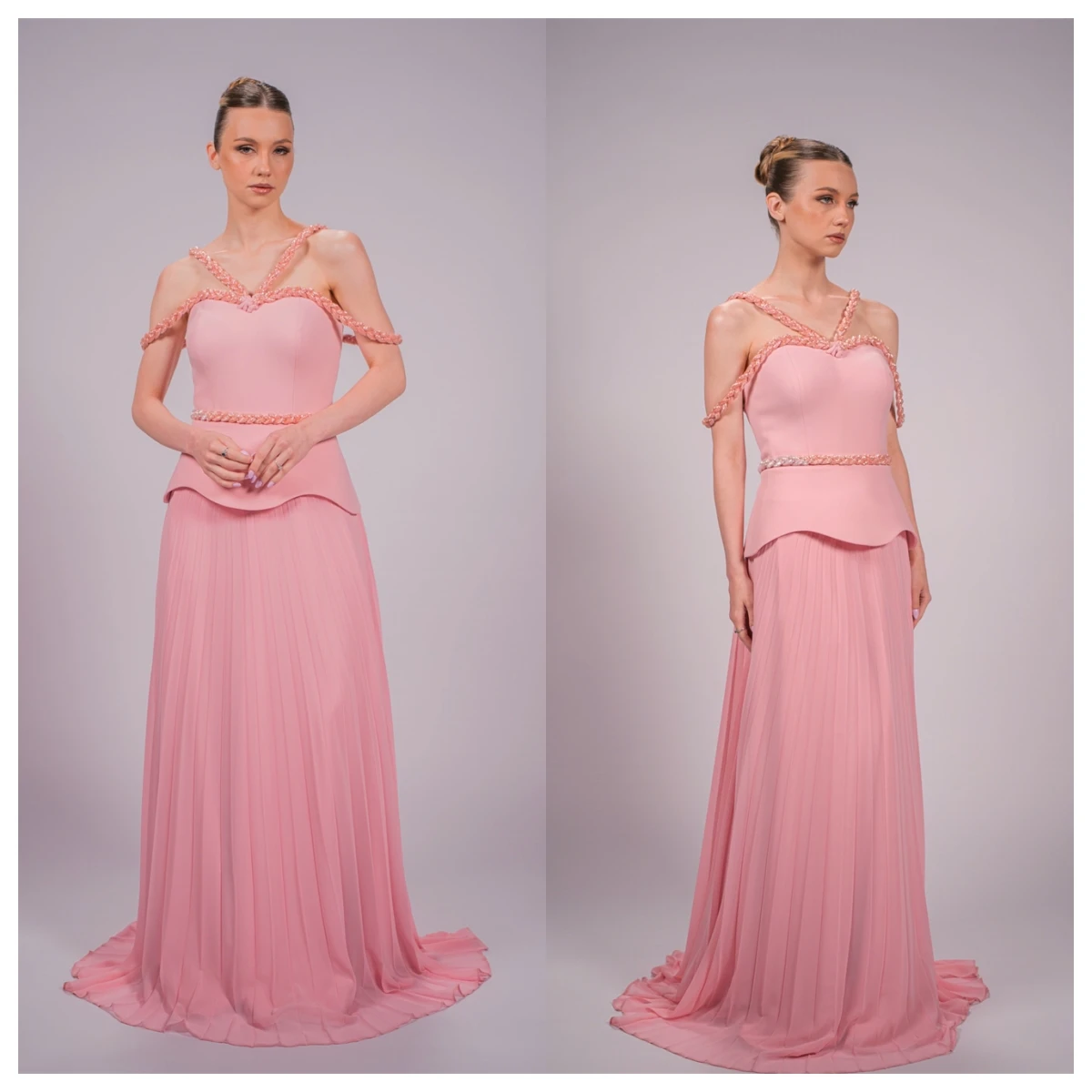 تخصيص أزياء الوردي الشيفون مساء اللباس قارب الرقبة قبالة الكتف أكمام فساتين المناسبات الخاصة فستان العودة للوطن