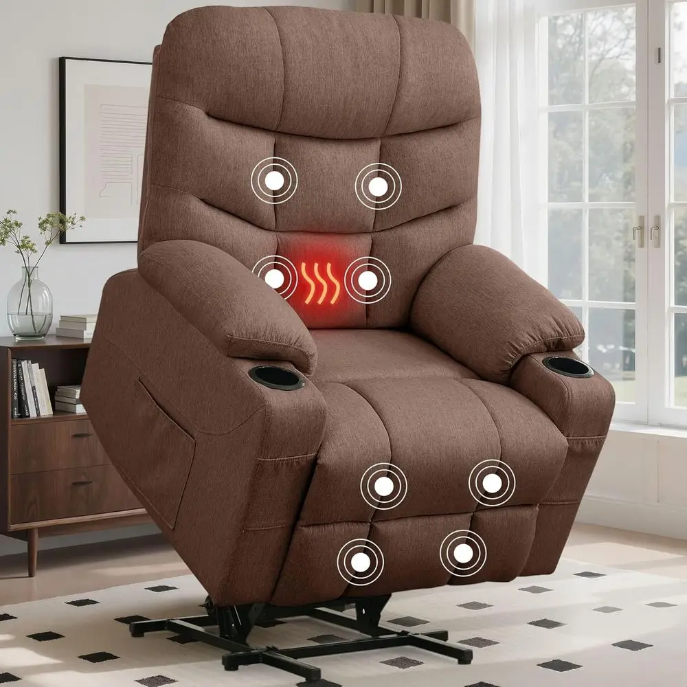 Brown Linen Electric Recliner Chair with Massage, Heating, and Remote Control for Living Room