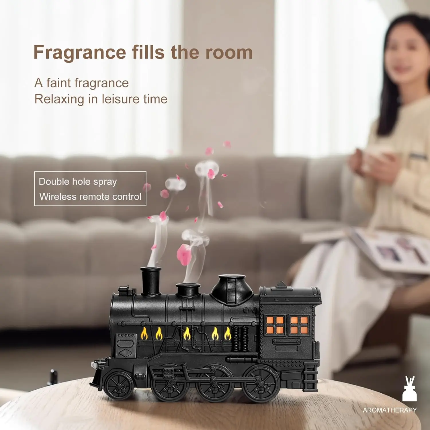 

Vintage Train Humidifier, Creative Aroma Diffuser, Large-Capacity Water Tank, Wireless Remote Control, Suitable for Bedroom