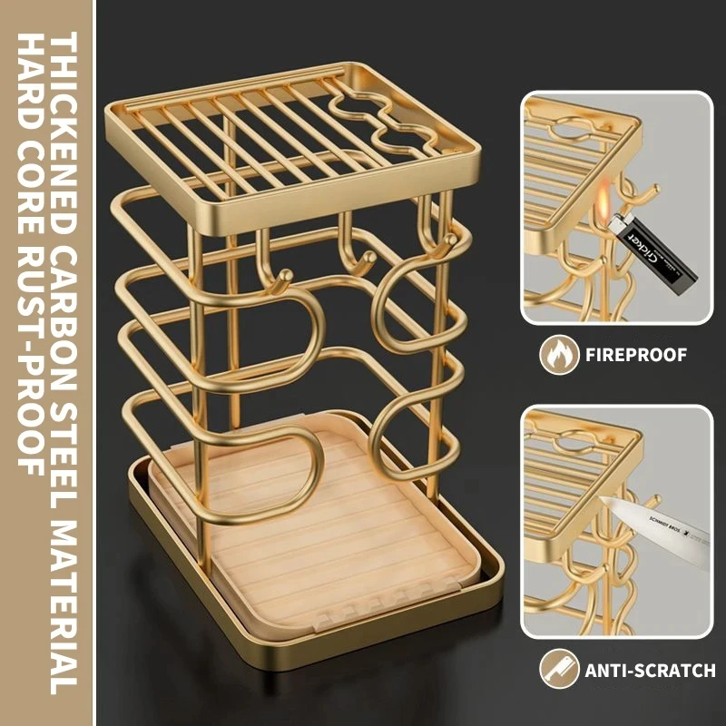 Knife Holder Multi-Function Utensil Stand Knife Block Flatware Drainer Carbon Steel Storage Box Kitchen Countertop Drain Rack