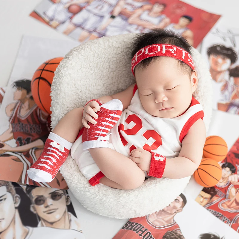 Summer Newborn Photography Sports Theme Basketball Uniform Set Japanese Anime Poster Props Cool Guy Style Newborn Artistic Photo