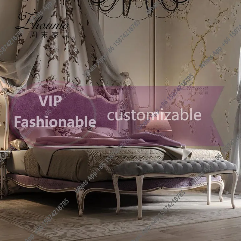 

tY French retro solid wood double bed medium antique purple soft bag carved villa bed master bedroom wedding bed N