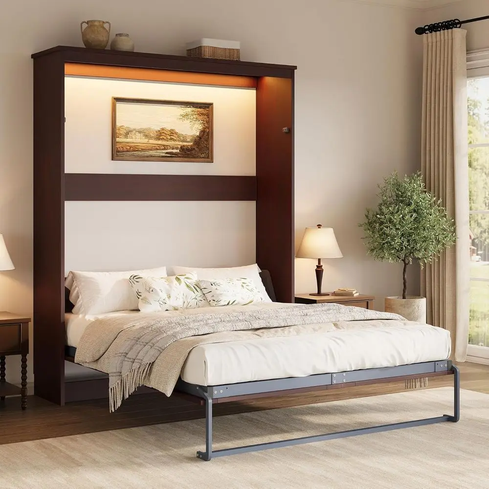 

Queen Size Wall Bed with LED Light, Charging Station & Gas Struts, Space-Saving, Brown