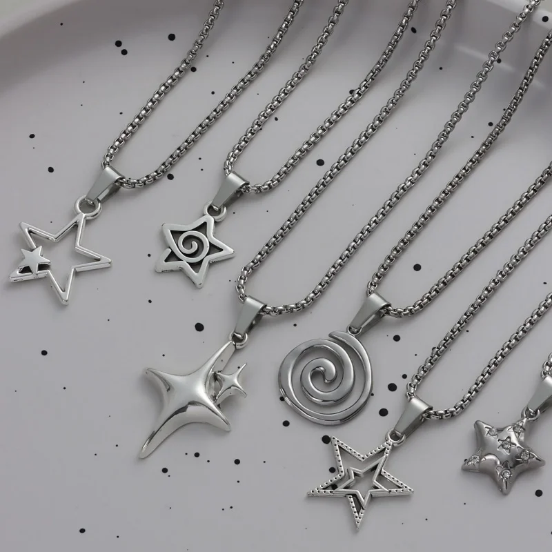 6PcsY2K Star Necklace Set Hollow Star Spiral Four Corners Star Water Diamond Star Pendant Necklace Women's Jewelry