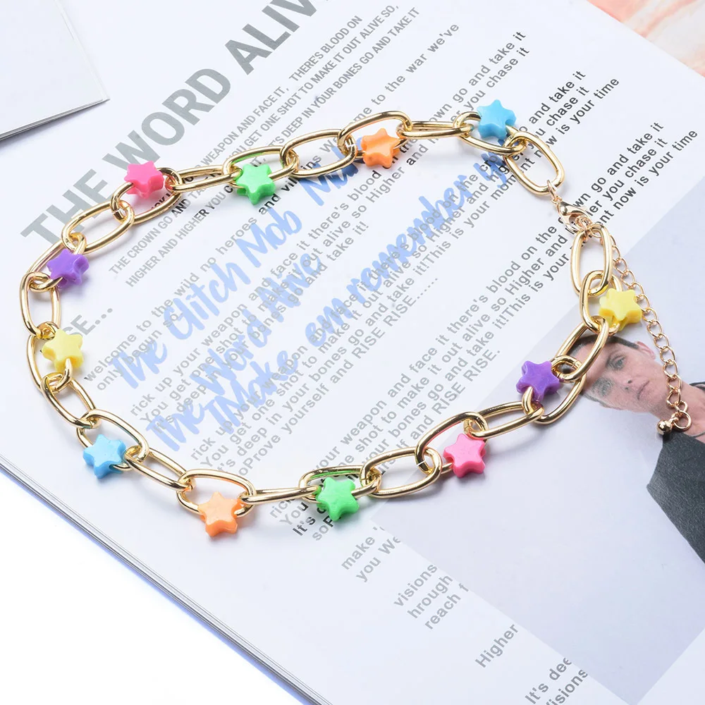 European America Unqiue Colored Pentagram Countryside Style Creative Alloy Choker Necklace for Women Aesthetic Romantic Jewelry