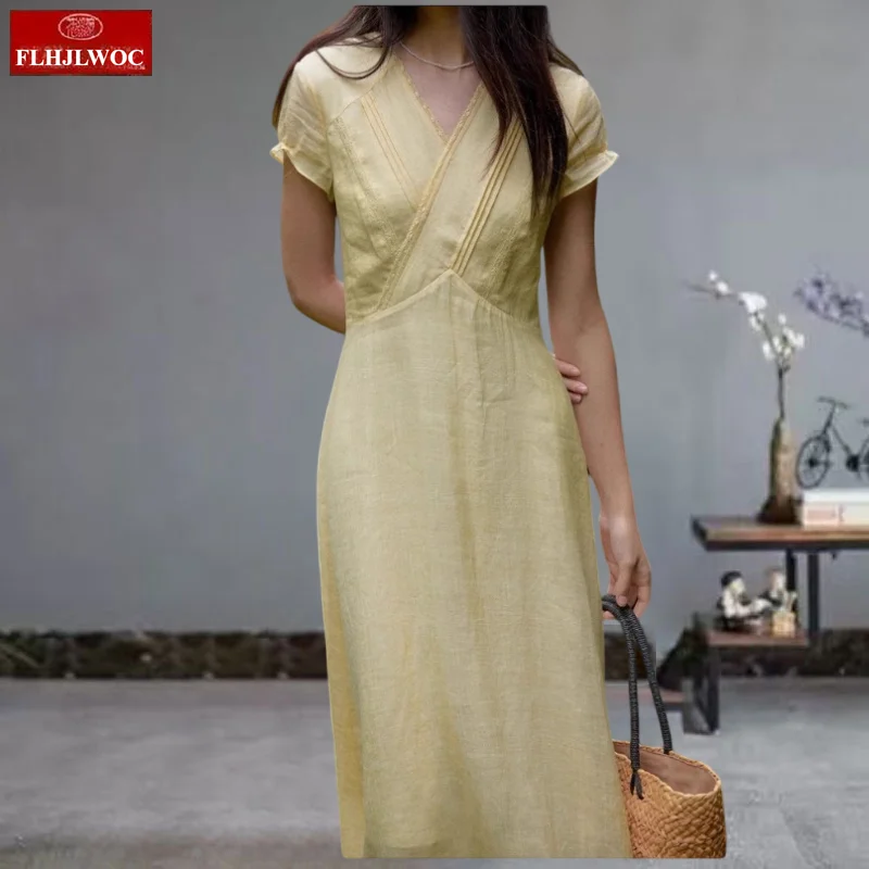 Abiti lunghi dal design francese Nuova moda estiva manica corta scollo a V pizzo giallo retrò vintage chic abito camicia di lino coreano