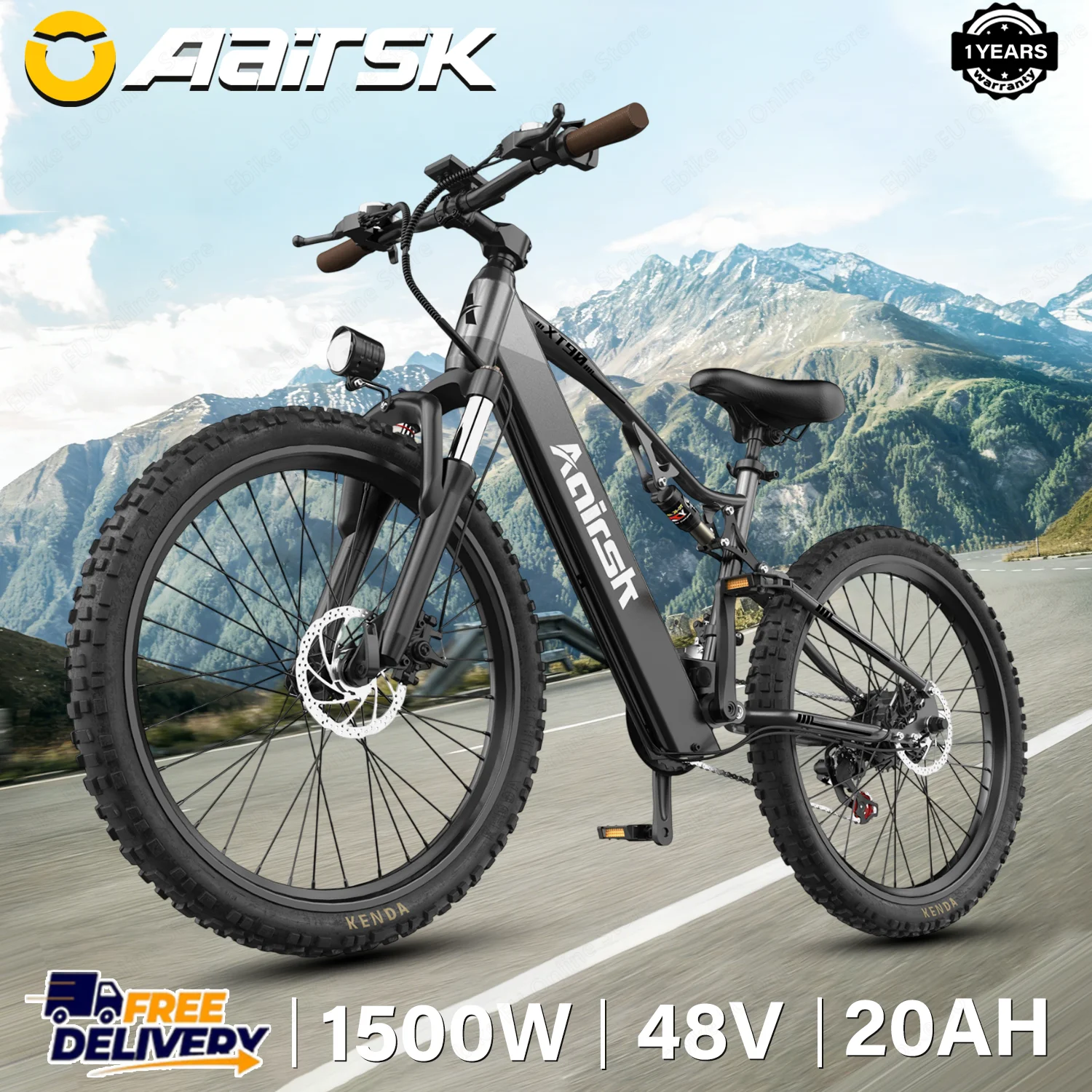 

Aairsk XT90 Adult Travel Mountain E-Bike 1500W Peak Motor 48V20Ah Battery Electric Bicycle 26*2.6" inch Tire Snow Electric Bike