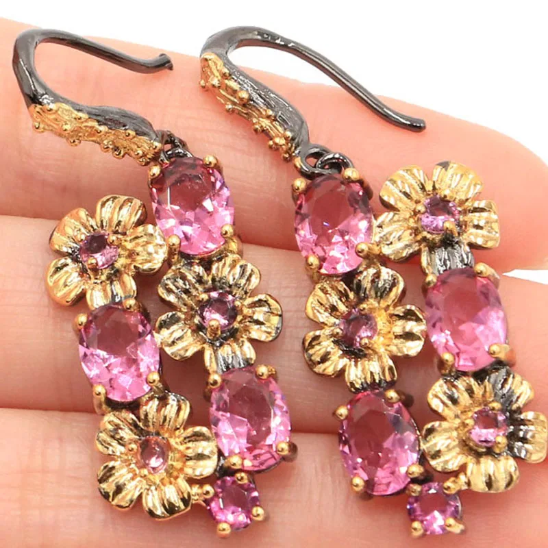 

45x17mm Flowers Shape Pink Tourmaline Violet Tanzanite Emerald Amethyst London Blue Topaz Black Gold Silver Earrings