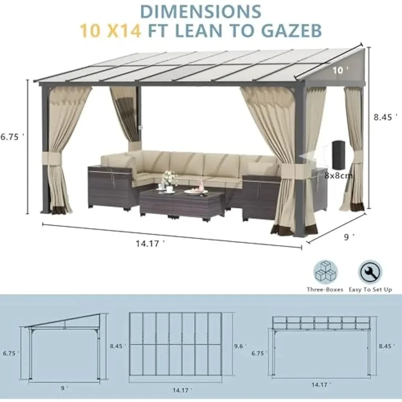 

10' x 14' Wall Mount Pergola with Hardtop, Outdoor Lean-to Gazebo Canopy featuring Sloped Roof and Durable Steel Frame