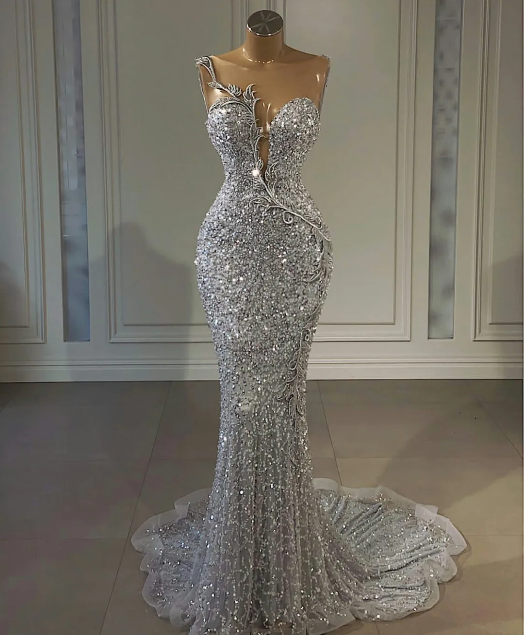 Luxury Silver Crystal Evening Dress 2023Lace Beaded Mermaid Prom Gowns Sheer Neck Elegant vestido de novia