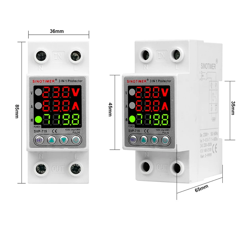 New 220V Adjust Voltage Relay Over Under Voltage Protector Over Current Limit Wattm 63Aeter KWH Energy Meter Power Comsumption