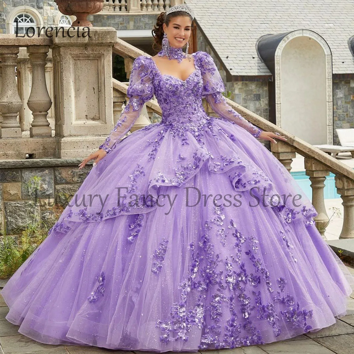 Robe Quinceanera avec appliques de paillettes superposées, Sweet 16, 15 perles, fleurs 3D, tulle mexicain, robe formelle en fibre, éducative, 15 Anos