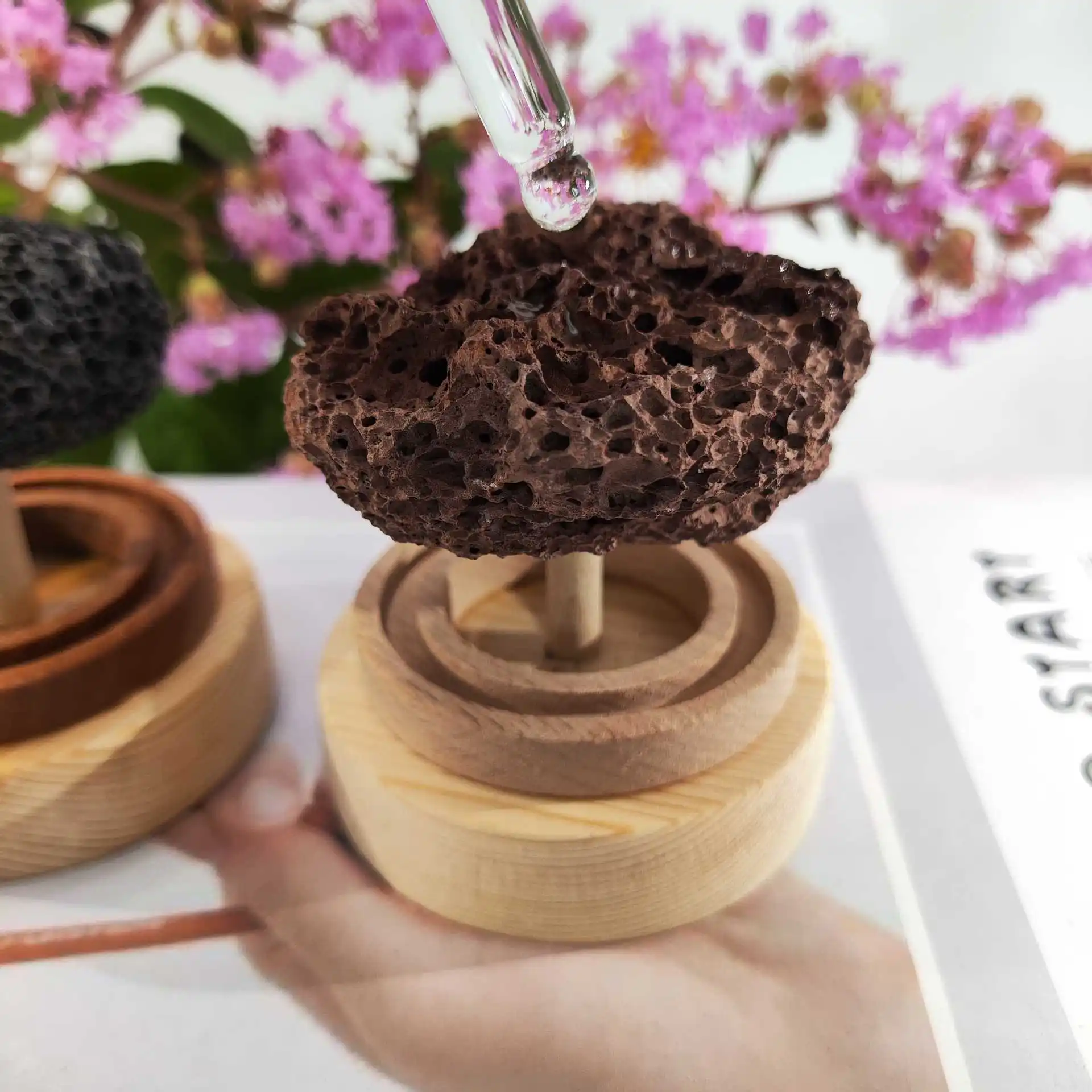1PC Black/Brown Volcanic Stone & Solid Wood Diffuser - Natural Essential Oil Aromatherapy Air Freshener Home Decor