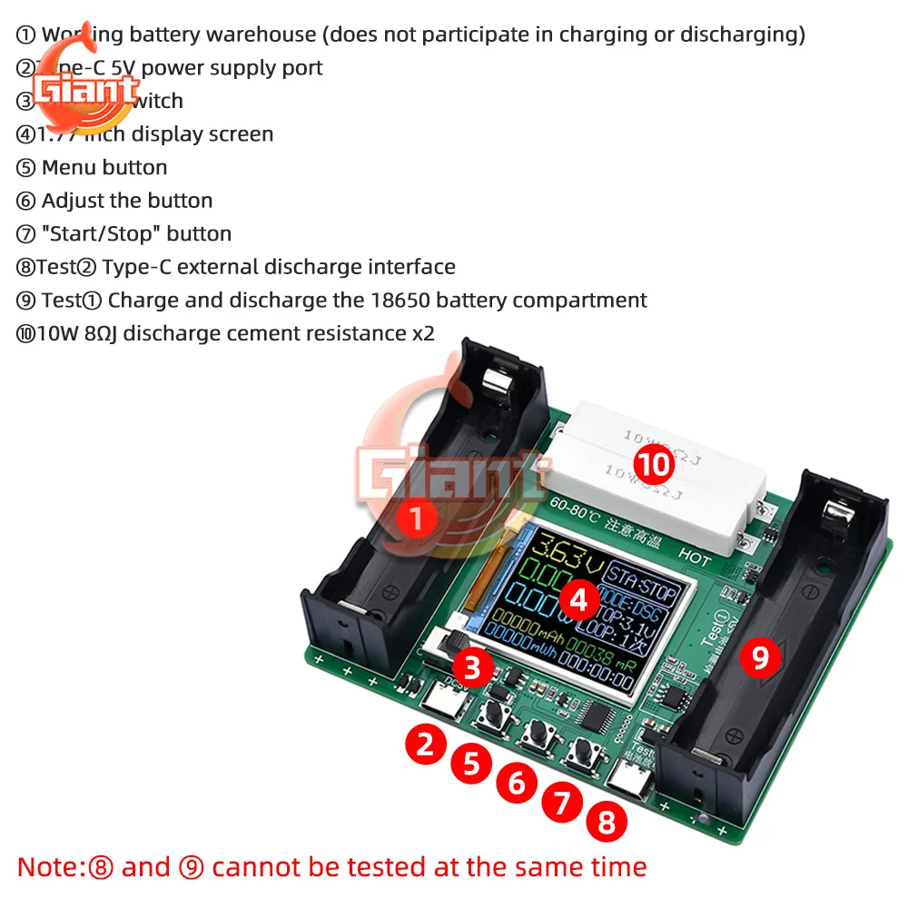 เครื่องทดสอบความจุของแบตเตอรี่แบบจอแสดงผล Type-C 18650ความจุของแบตเตอรี่เครื่องทดสอบความต้านทานภายใน mAh MWh โมดูลตรวจจับพลังงานแบตเตอรี่