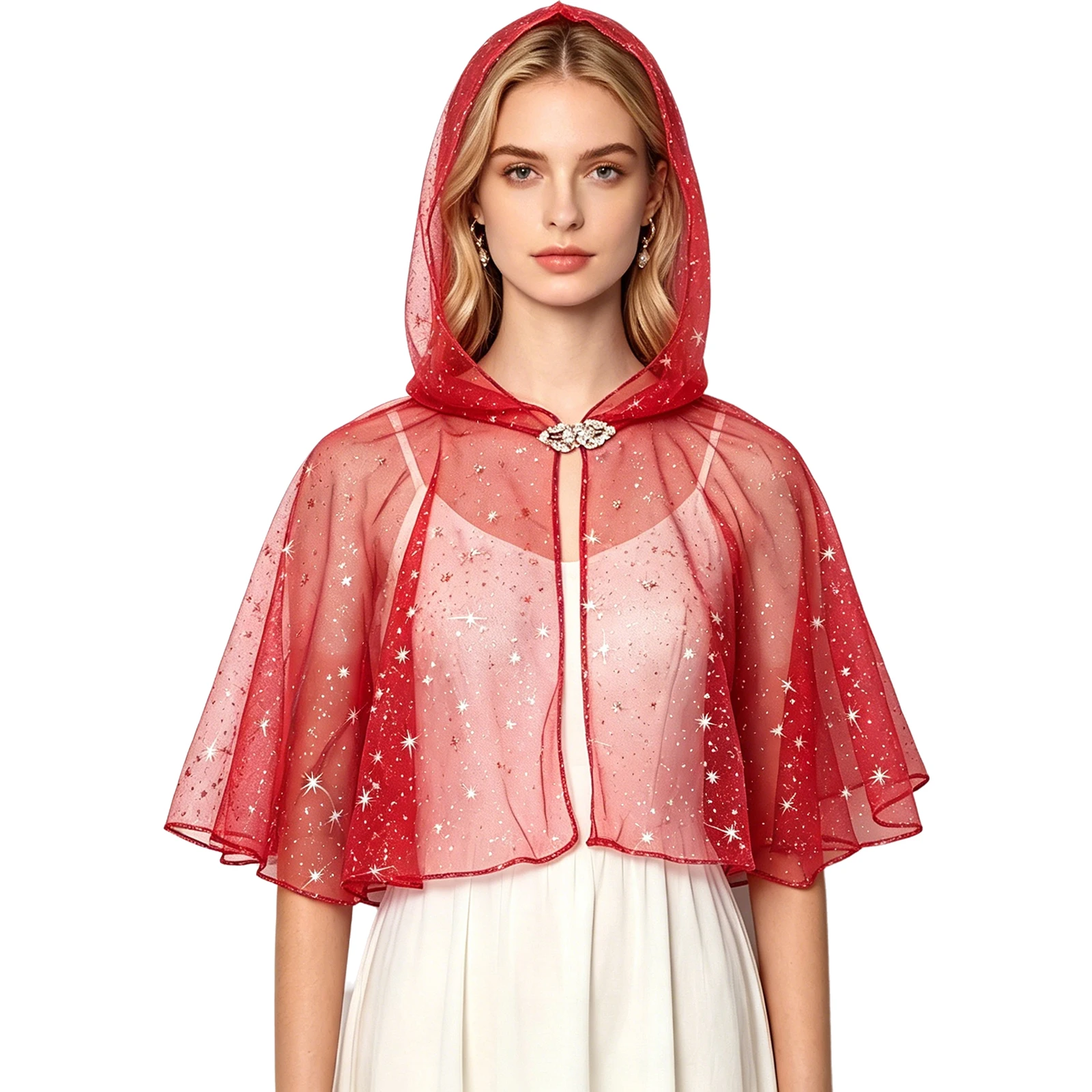 Women Short-style Cape Hooded Star Mesh Tulle Cape Cloak with Rhinestone Clasp for Cosplay Stage Performance Halloween Party