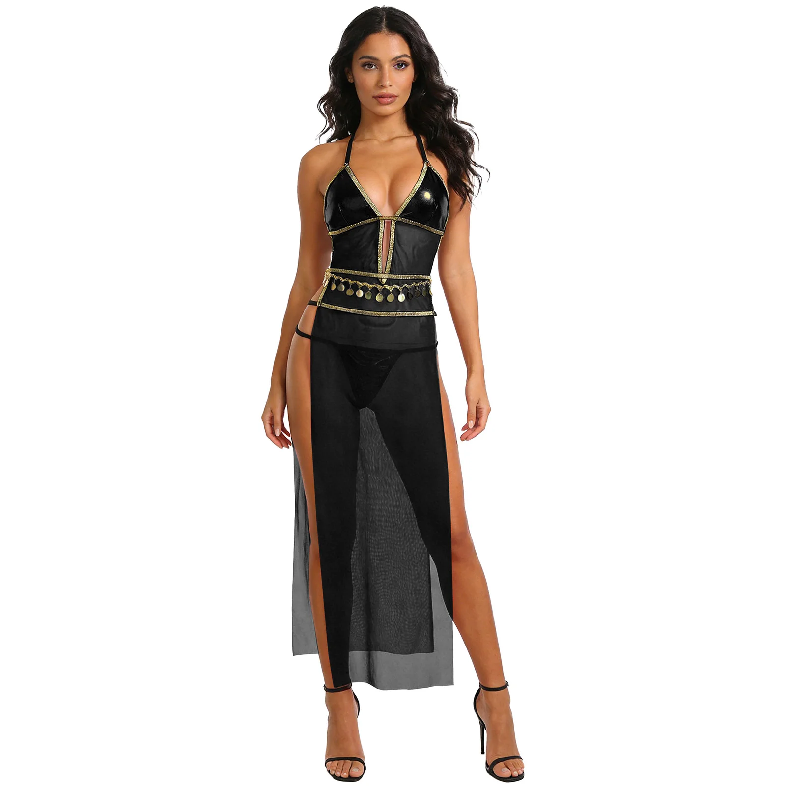 Women Belly Dance Outfit Halloween Party Egypt Cleopatra Queen Sun Goddesses Costume Mesh Dress with Belt Thong Lingerie Set