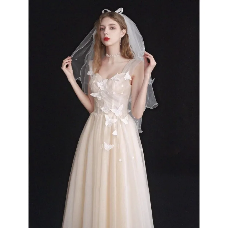 シャンパンライトのウェディングドレスエレガントな女性オーガンザアップリケパーティーイブニングウエディングドレス 2025 新しいカスタマイズされたフォーマルな機会のドレス