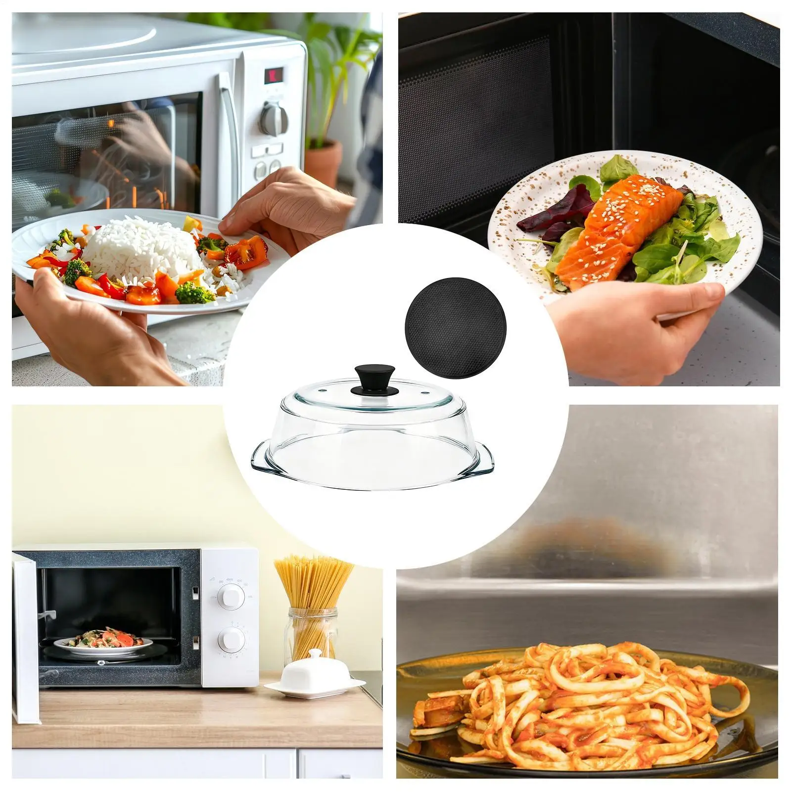 Glass Microwave Cover Clear Reusable Heating Lid With Silicone Handle Microwave Splatter Cover Glass For Oven Bowls Plates