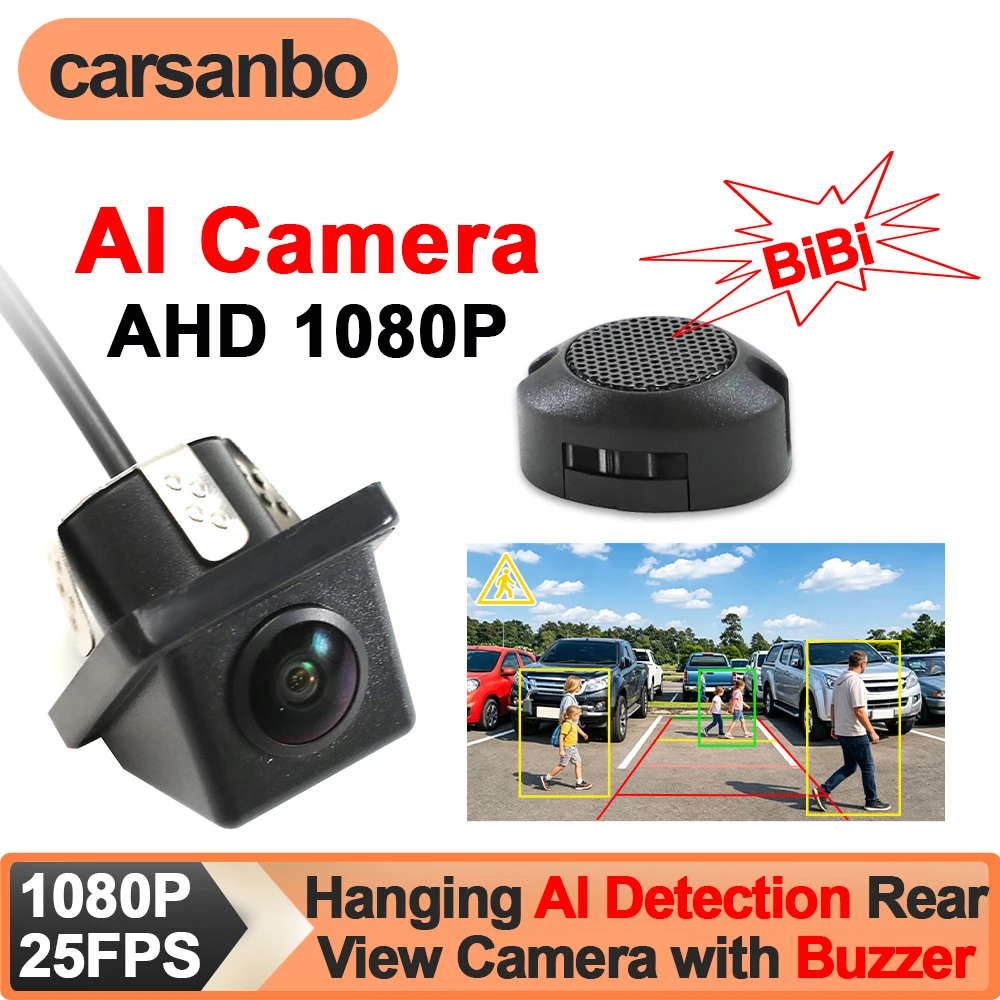 Carsanbo AI Smart Car Camera 145° Fisheye Lens AHD 1080P Rear View Camera with Buzzer Alarm Pedestrian/Vehicle Detection Reverse