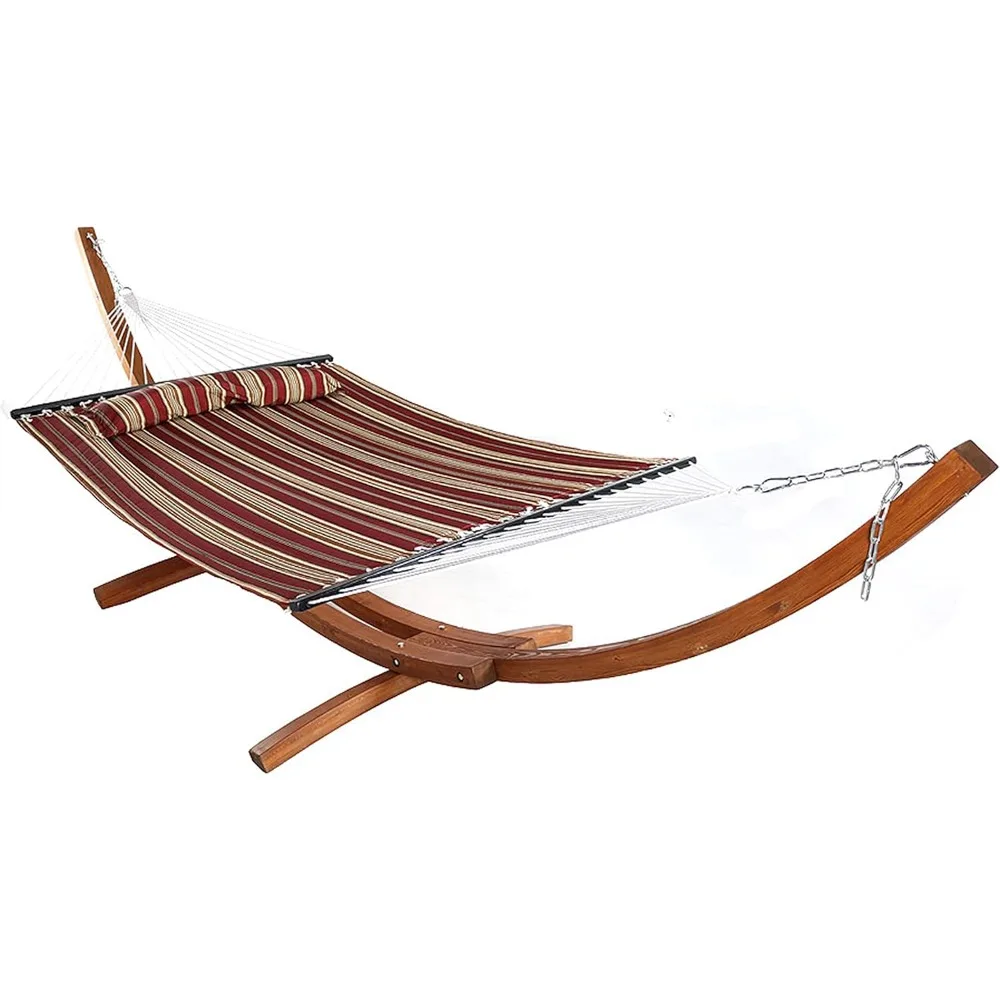 

Quilted Double Fabric Hammock with 13-Foot Curved Arc Wood Stand - 400 Pound Capacity - Red and Stripe
