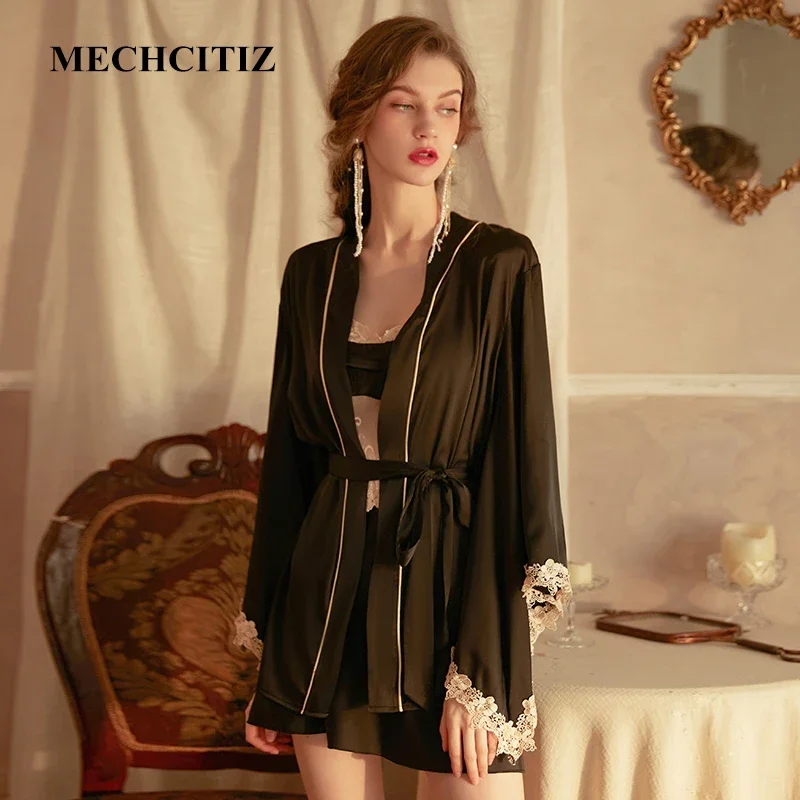 

MECHCITIZ Luxury Sexy Women Silk Kimono Bathrobe Bride Bridesmaid Wedding Robe Set Lace Sleepwear Casual Home Clothes Nightwear