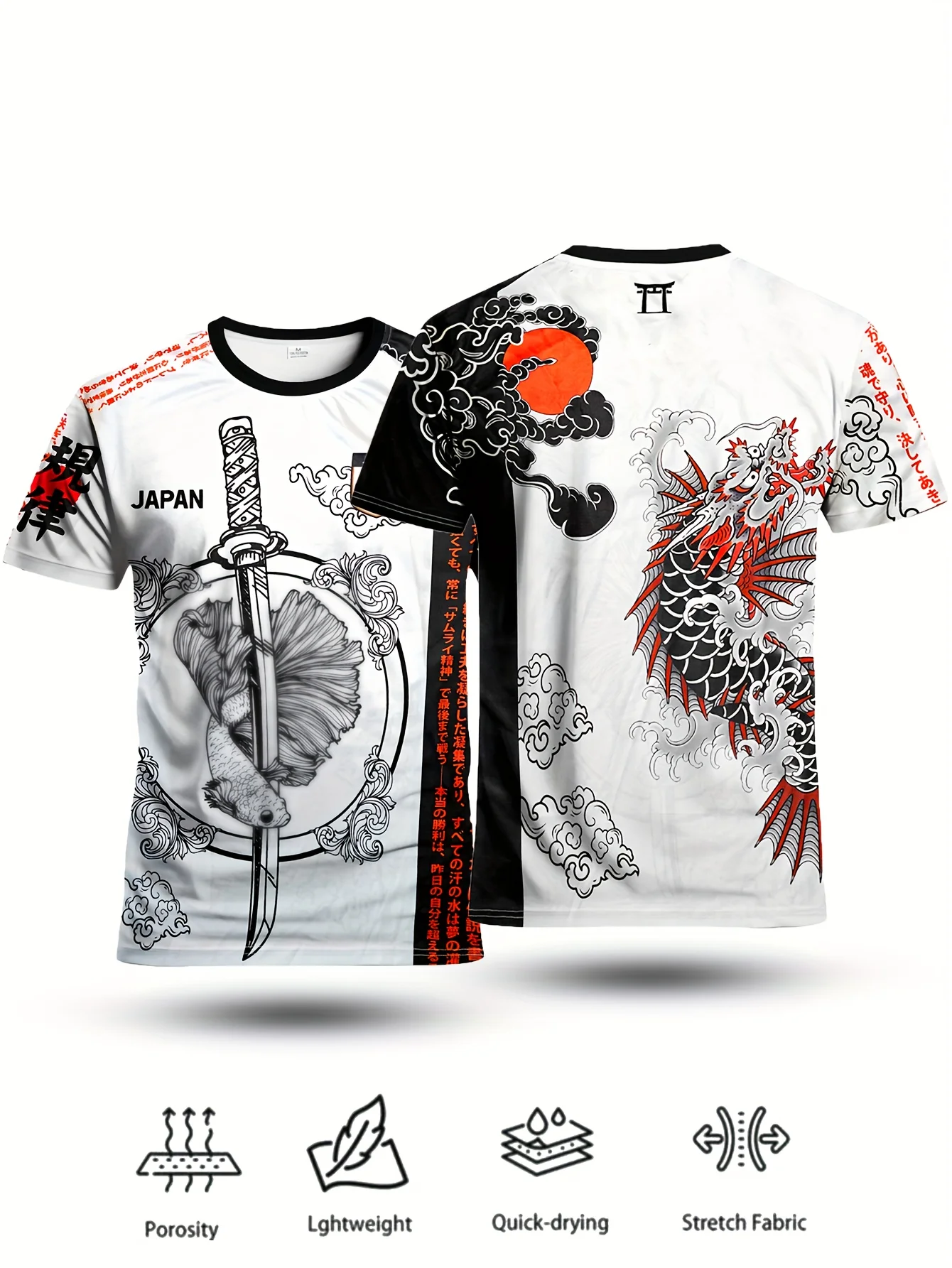 Mens Oversized Japanese Samurai Dragon Katana Print Short Sleeve T Shirt Quick Drying Casual Streetwear Sport Top for Daily
