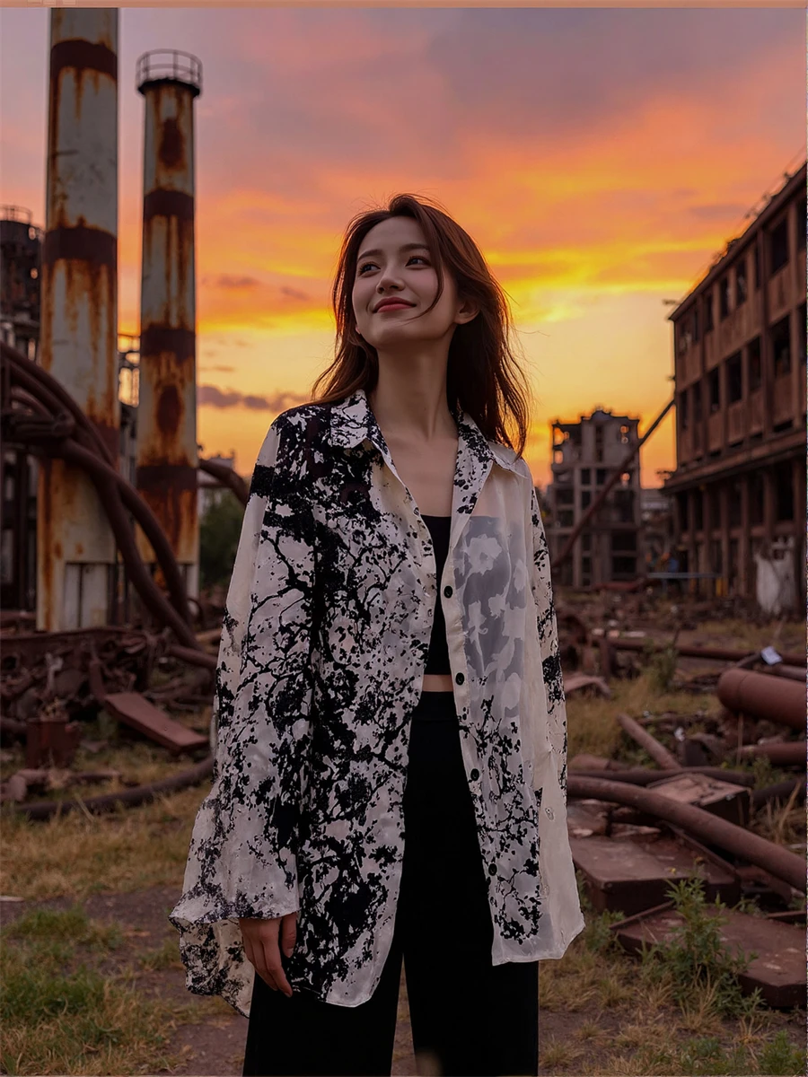 

Vintage Shirts Women Long Sleeve Button-Up Blouse with Peter Pan Collar and Puff Sleeves for Elegant Retro Korean Daily Style