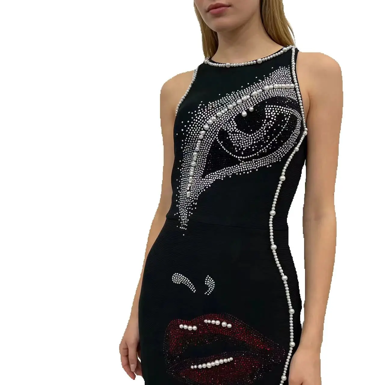 Nuevo estilo de ropa de mujer a la moda elegante con cuentas y incrustaciones de diamantes diseño dividido elegante vestido vendaje estilo celebridad
