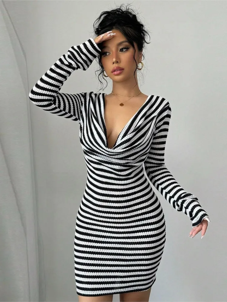 

Dresses 2025 Woman Autumn New Arrival Elegant Striped Swing Collar Dress Temperament Simple Style Vestidos Trendy Long Sleeves