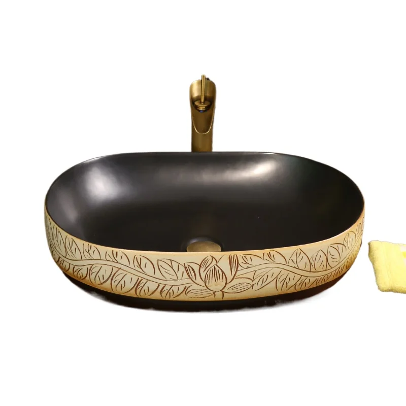 

Carved leaves lotus table upper basin oval ceramic hand washing antique countertop basin hotel home use