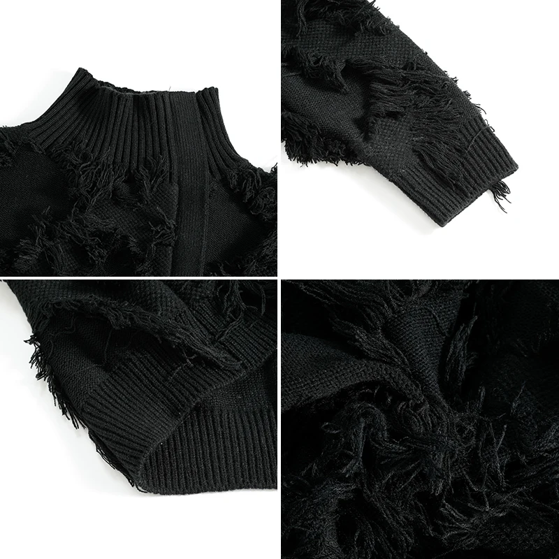 Men's Streetwear Fringe Distressed Knitted Cardigan High Neck Zip Up Oversize Loose Sweater Autumn Winter Couple Tops