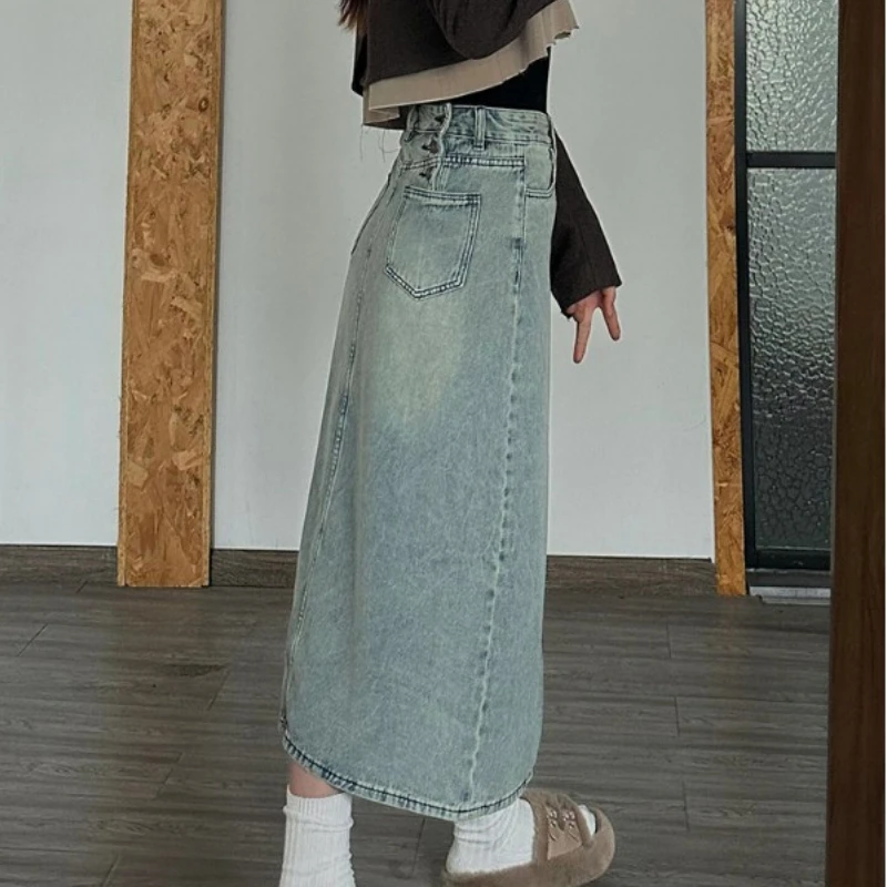 Women A-line Long Skirt Denim Dresses Woman's Clothing Baggy Skirt Split Buckle Vintage Designs Y2K Casual Solid  Autumn