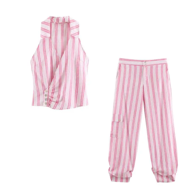Maxdutti Minimalist And Lazy Fashion Southern France Buckle Pink Striped Double Breasted Blouse Top And Pant Sets Woman Clothes