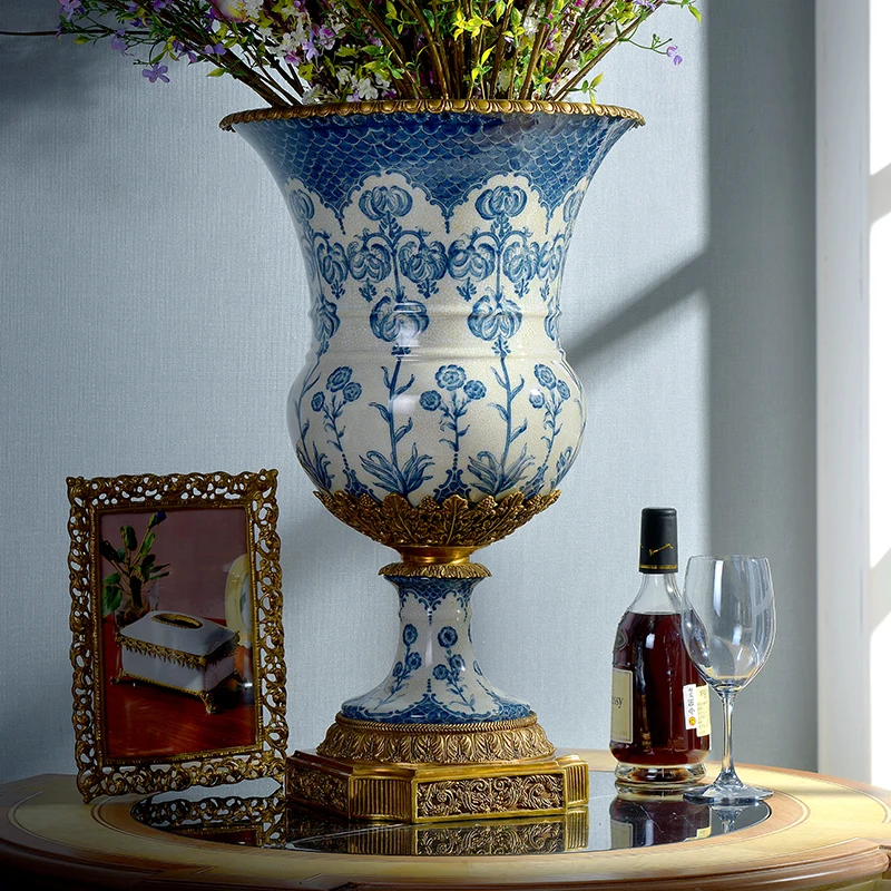 European high-end luxury flower arrangement living room creative flower ware American blue and white ceramic brass vase