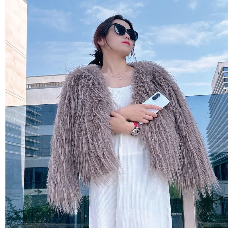 2024 Autumn Winter High-Density Imitation Raccoon Fur Double-Sided Braided Fur Female Coat Fur One Short Coat V-Neck Thickened